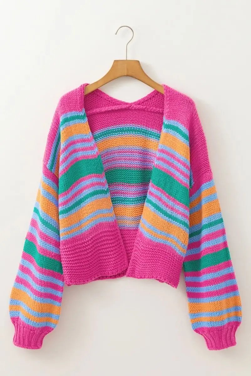 Rose Stripe Colorful Puff Sleeve Drop Shoulder Loose Cardigan - Love Salve